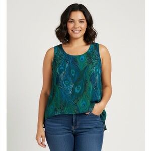 DRAPER’S & DAMON’S Peacock Feather Print Lined Top, Women’s 2X, Blue Green
